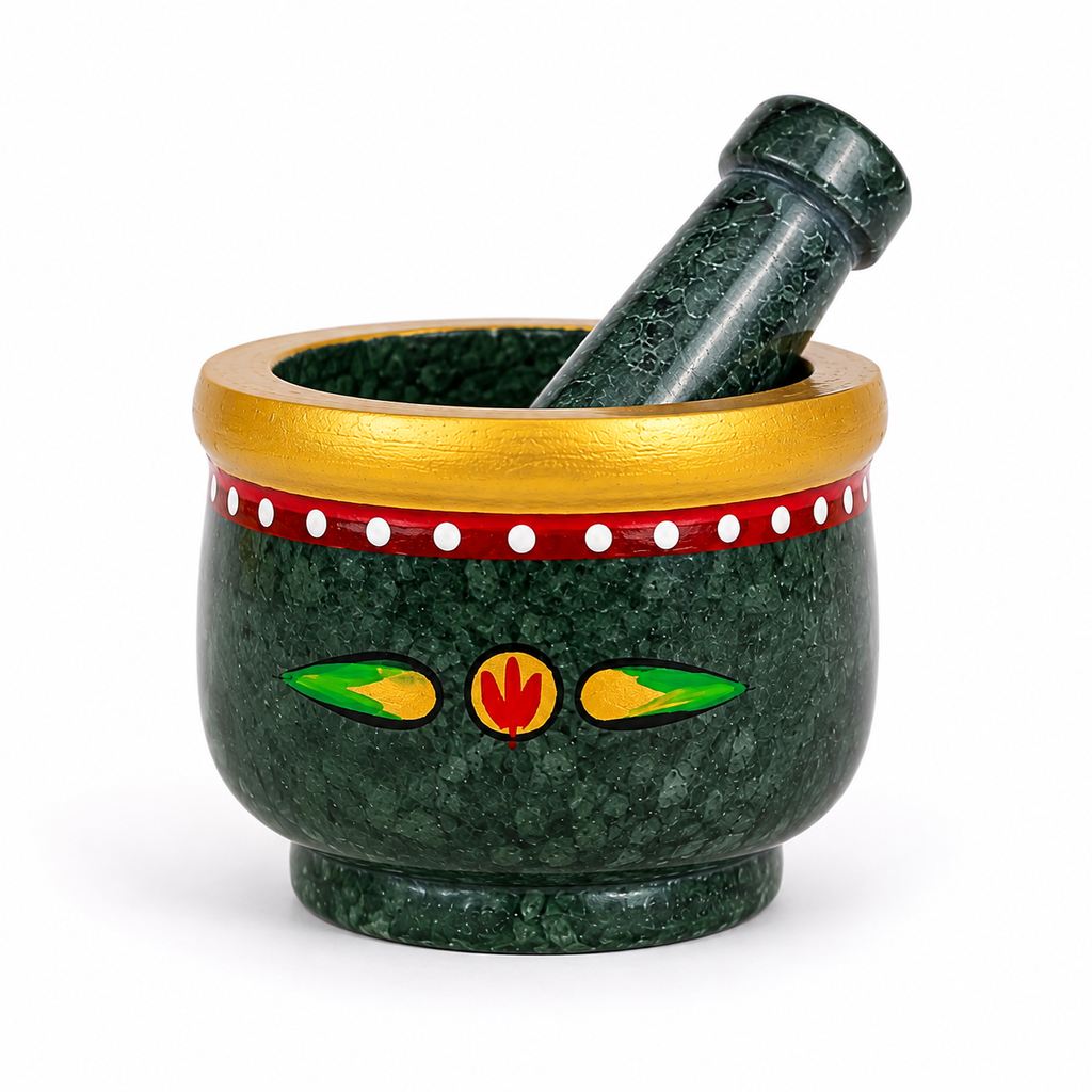 Traditional green marble mortar and pestle set hand painted, marble okhli, size4x3in