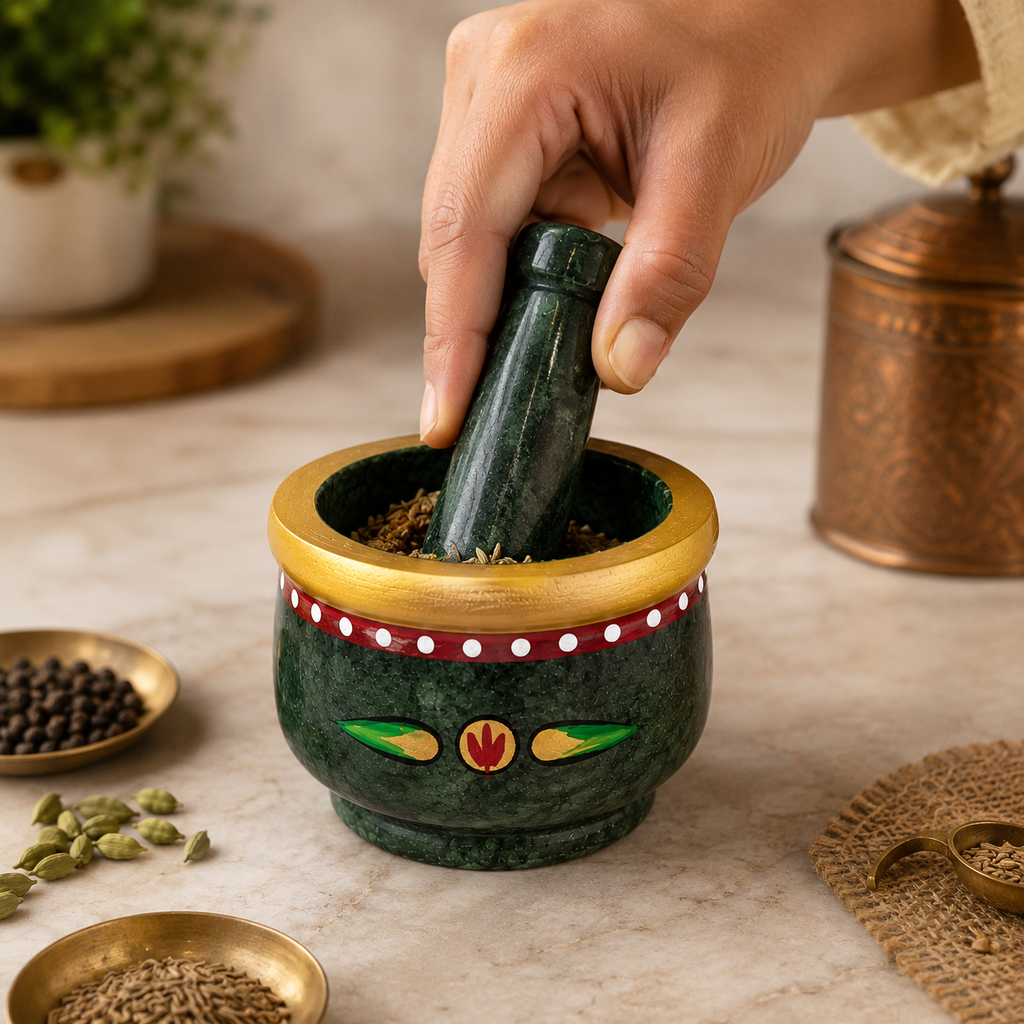 Traditional green marble mortar and pestle set hand painted, marble okhli, size4x3in