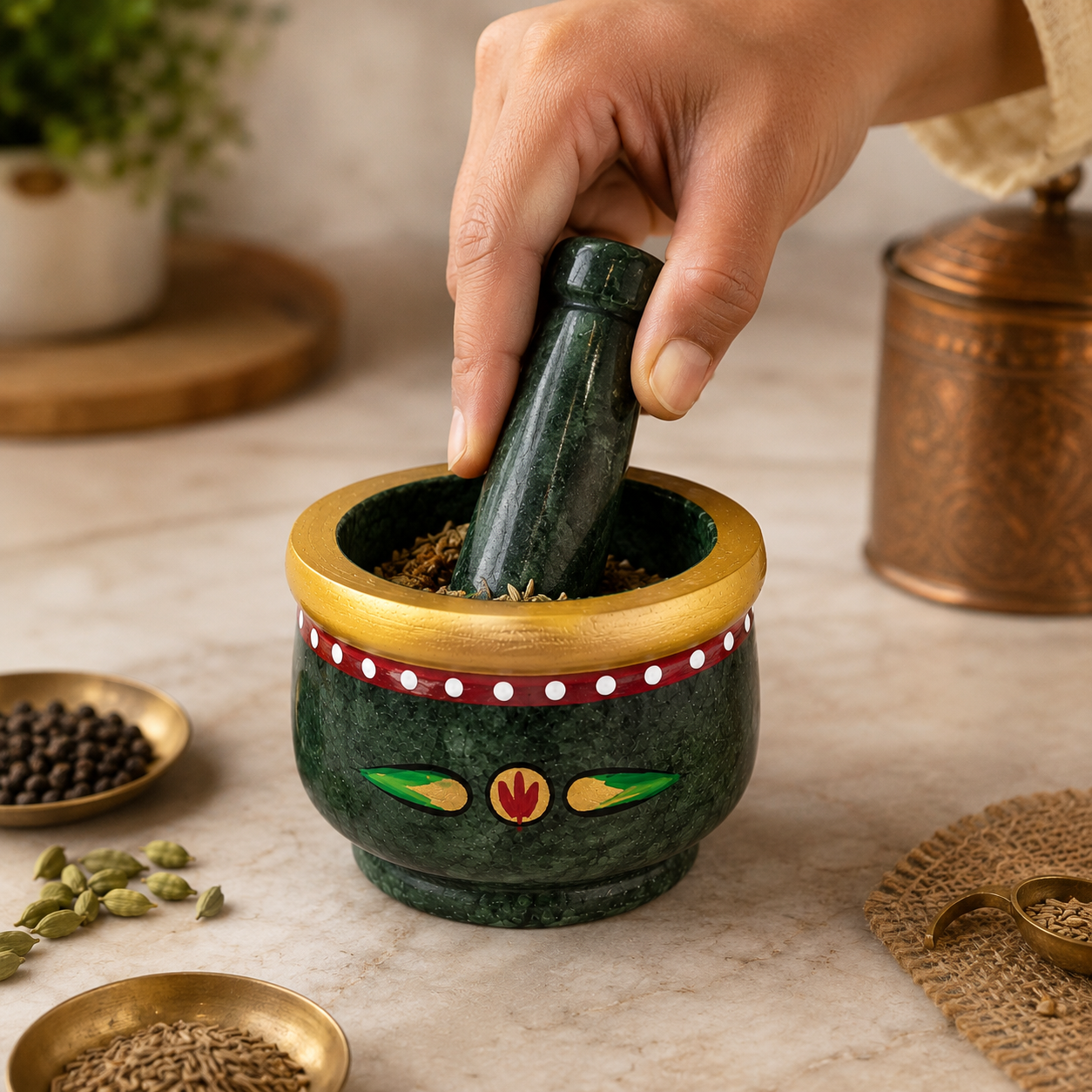 Traditional green marble mortar and pestle set hand painted, marble okhli, size4x3in