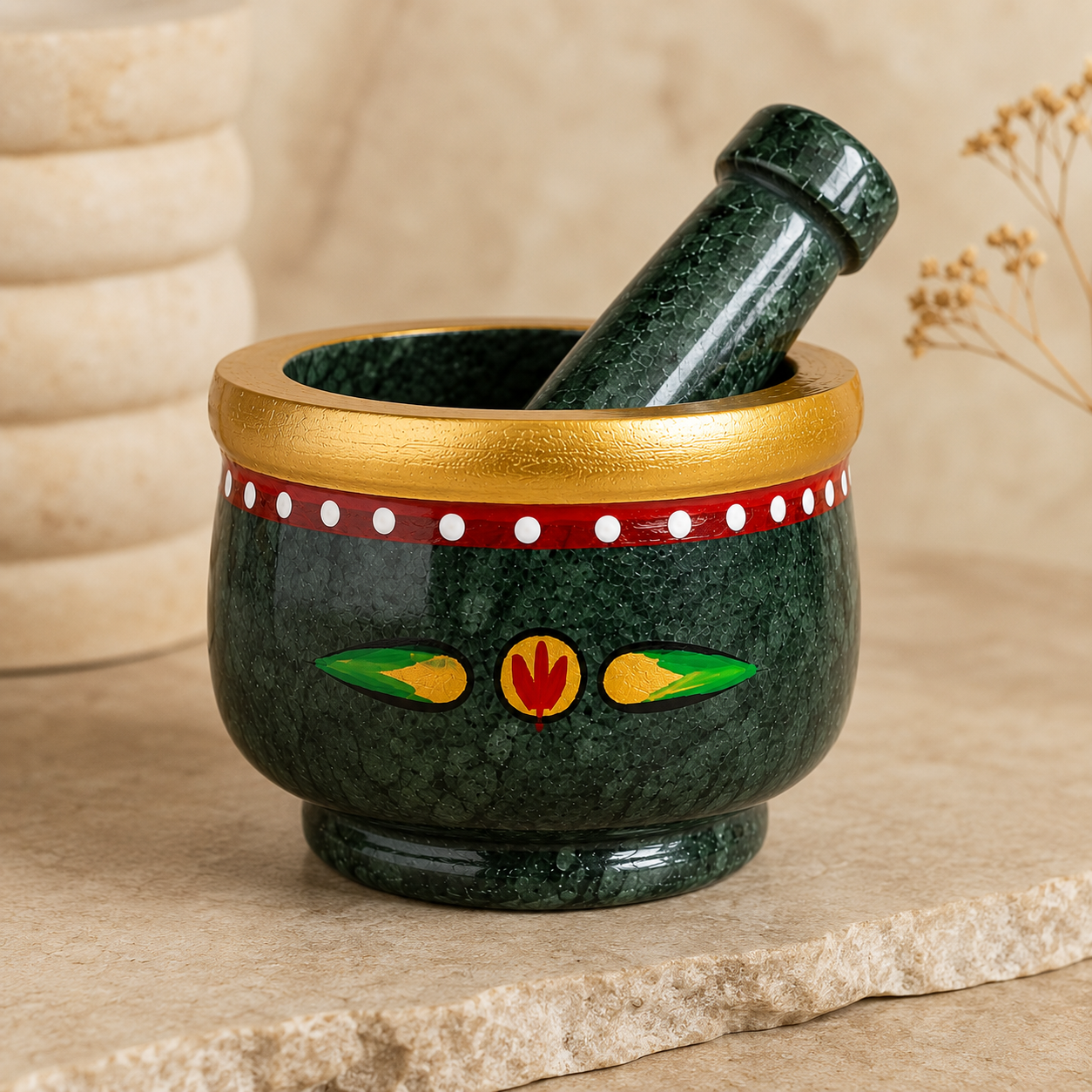 Traditional green marble mortar and pestle set hand painted, marble okhli, size4x3in