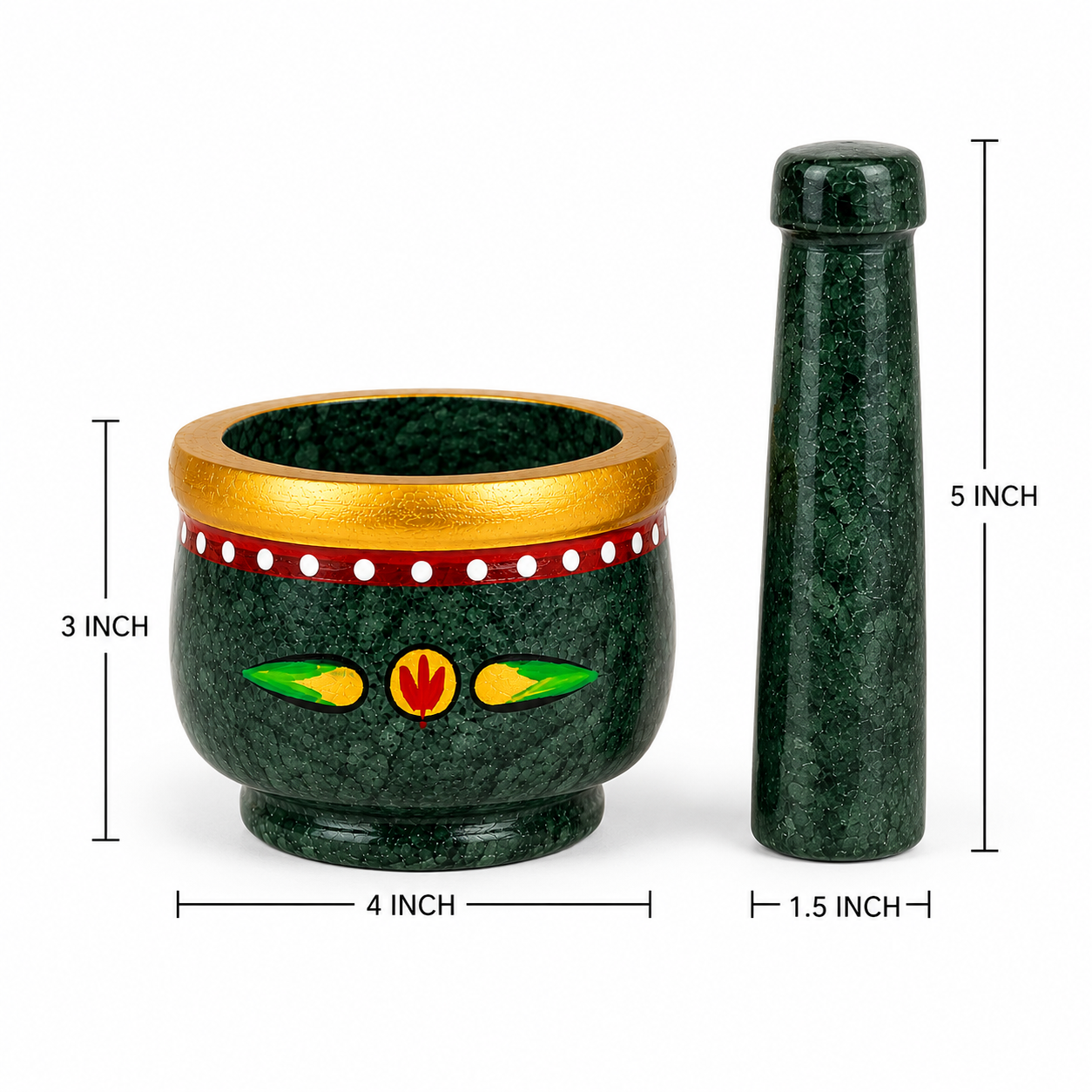 Traditional green marble mortar and pestle set hand painted, marble okhli, size4x3in