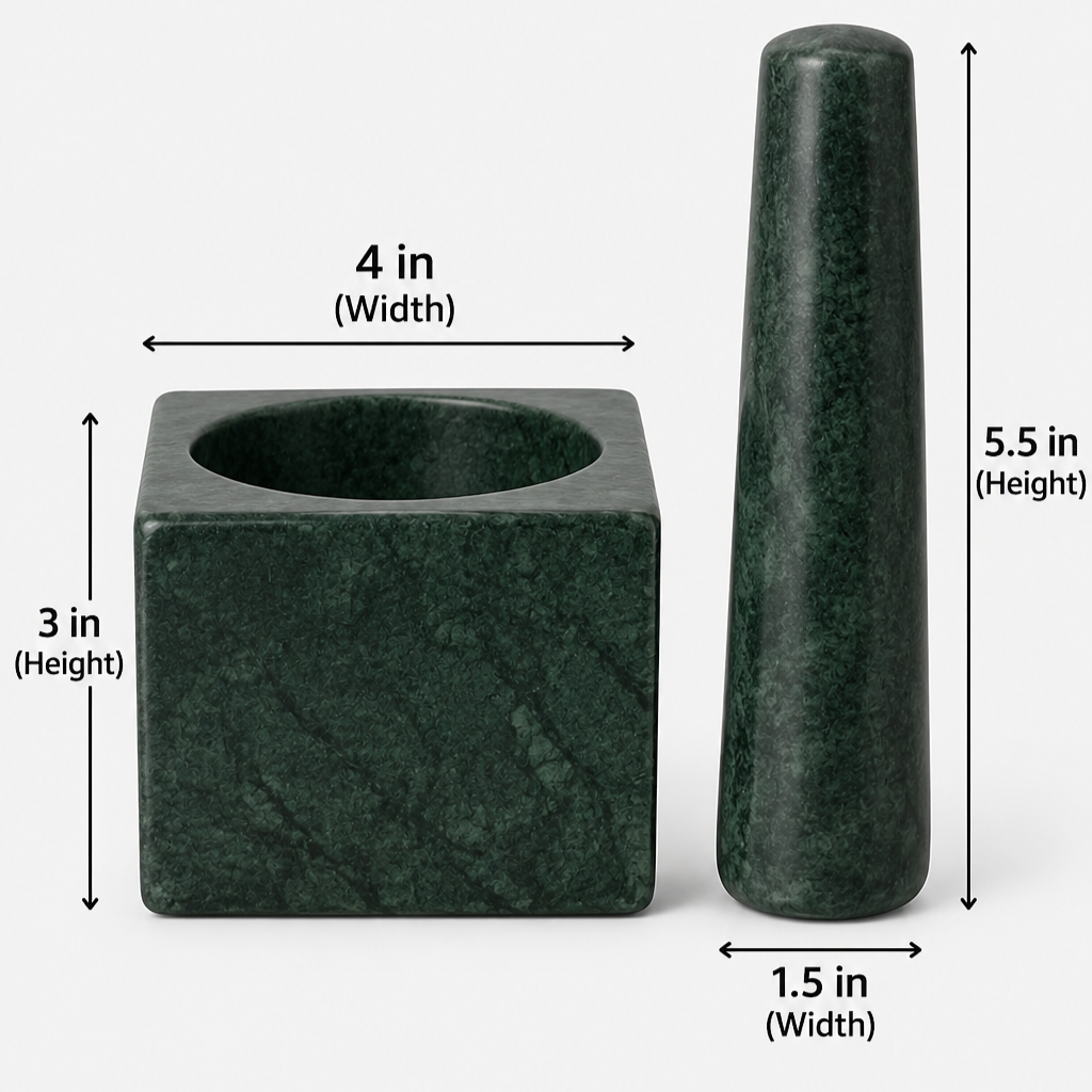 Green marble square mortar and pestle set, marble okhli, size 4x3in